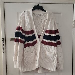 Aerie Cream Cardigan with Red and Navy Stripes